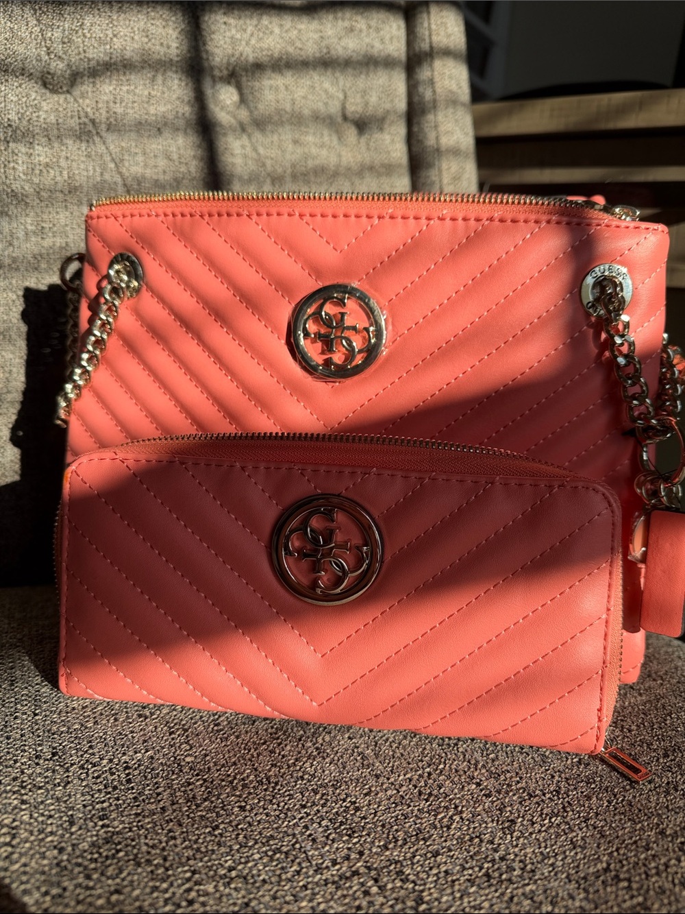 Guess Coral Quilted Chain Shoulder Bag with Matching Wallet